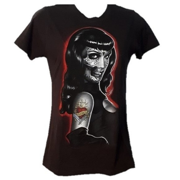 BETTIE PAGE Day of the Dead Sugar Skull Hot Topic Women's Black T-Shirt Small - Picture 1 of 2